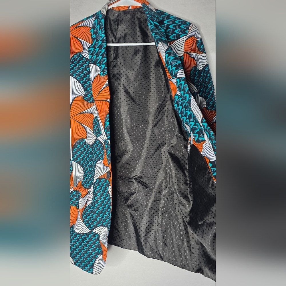 Afrocentric Womens Single Button Closure Blazer Orange and Teal Size L - Picture 7 of 8